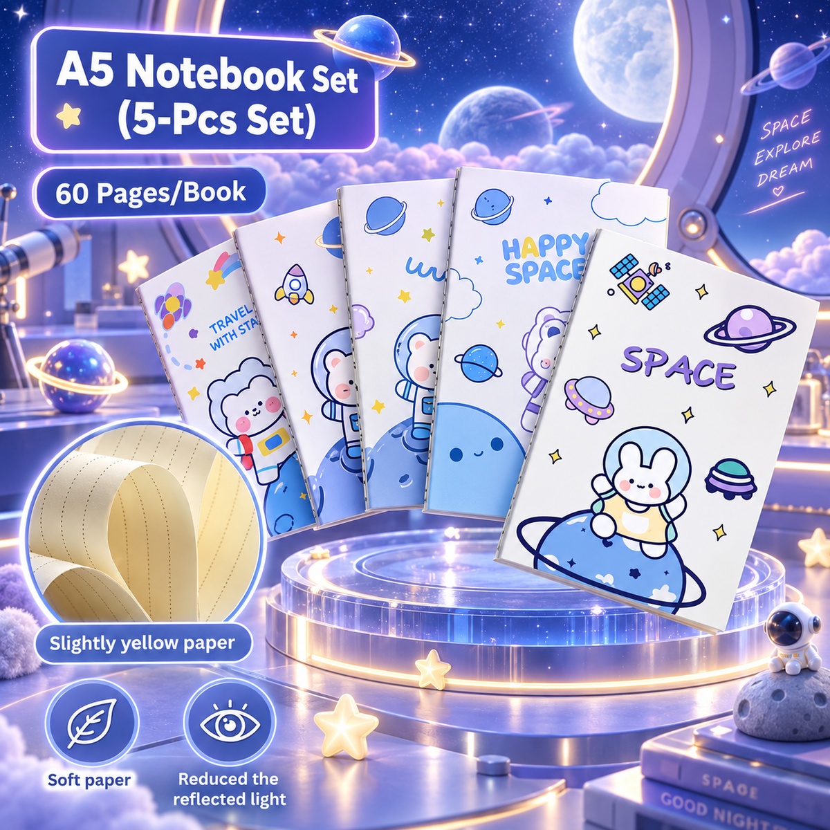 Cute Space Theme A5 Ruled Notebook Set of 5 | 60 Pages Each | Writing, Homework & Exercise Books for Kids, Students, School, Tuition & Office