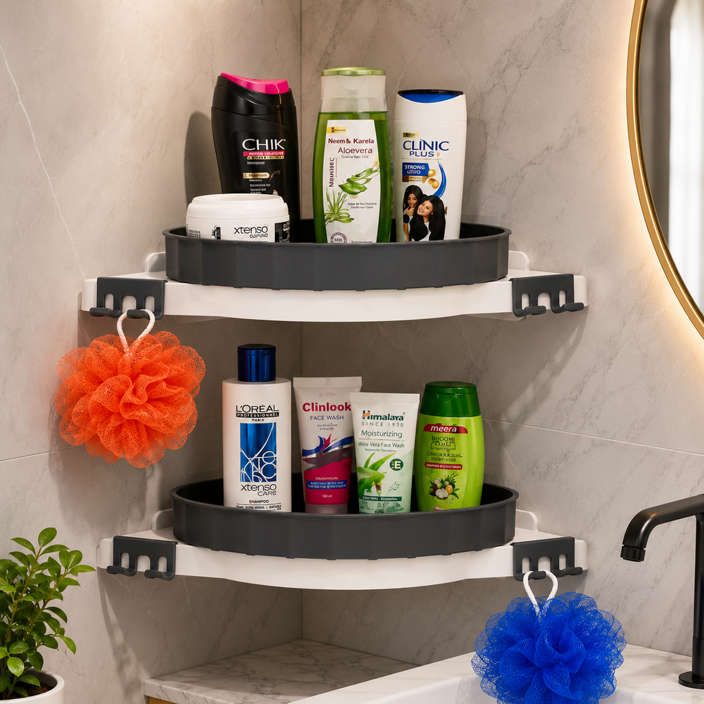 360 Degree Rotating Bathroom & Kitchen Corner Shelf | Plastic Multipurpose Wall Mount Storage Rack