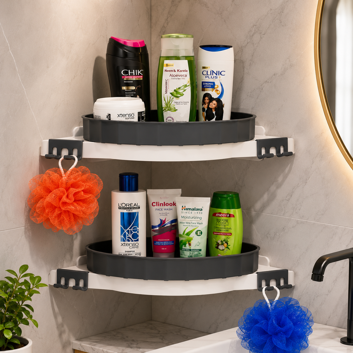 360 Degree Rotating Bathroom & Kitchen Corner Shelf | Plastic Multipurpose Wall Mount Storage Rack