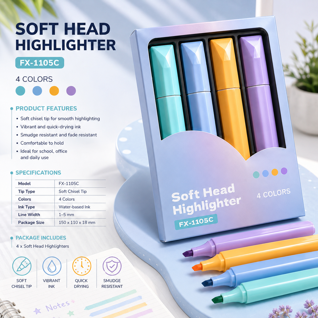 4 PCS Pastel Highlighter Set, Soft Head Chisel Tip Highlighter Pens for School, College, Office, Journaling, Notes & Planner
