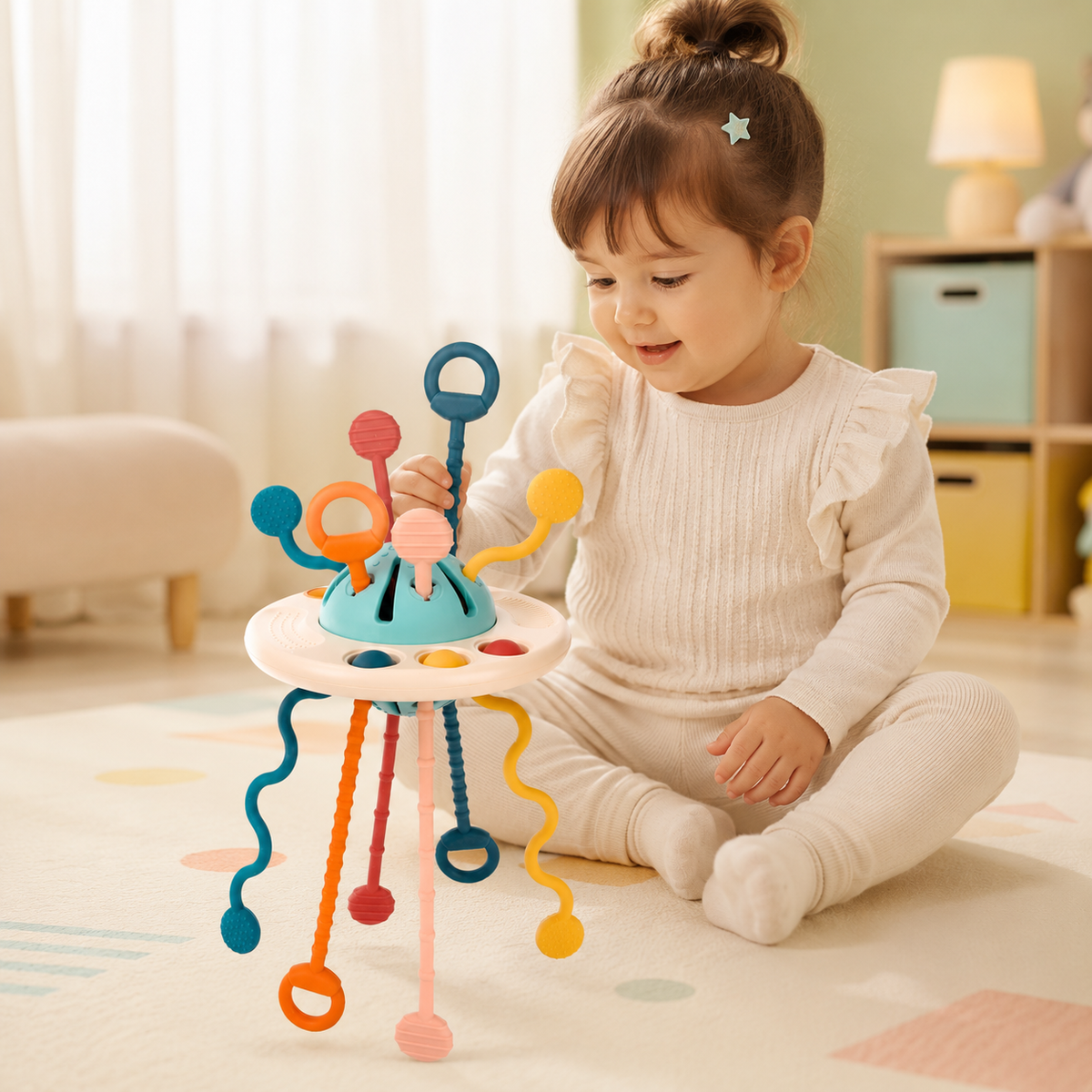Interactive UFO Silicone Pull String Learning Toy for Kids | Baby Sensory Travel & Teething Toy for 6–18 Months
