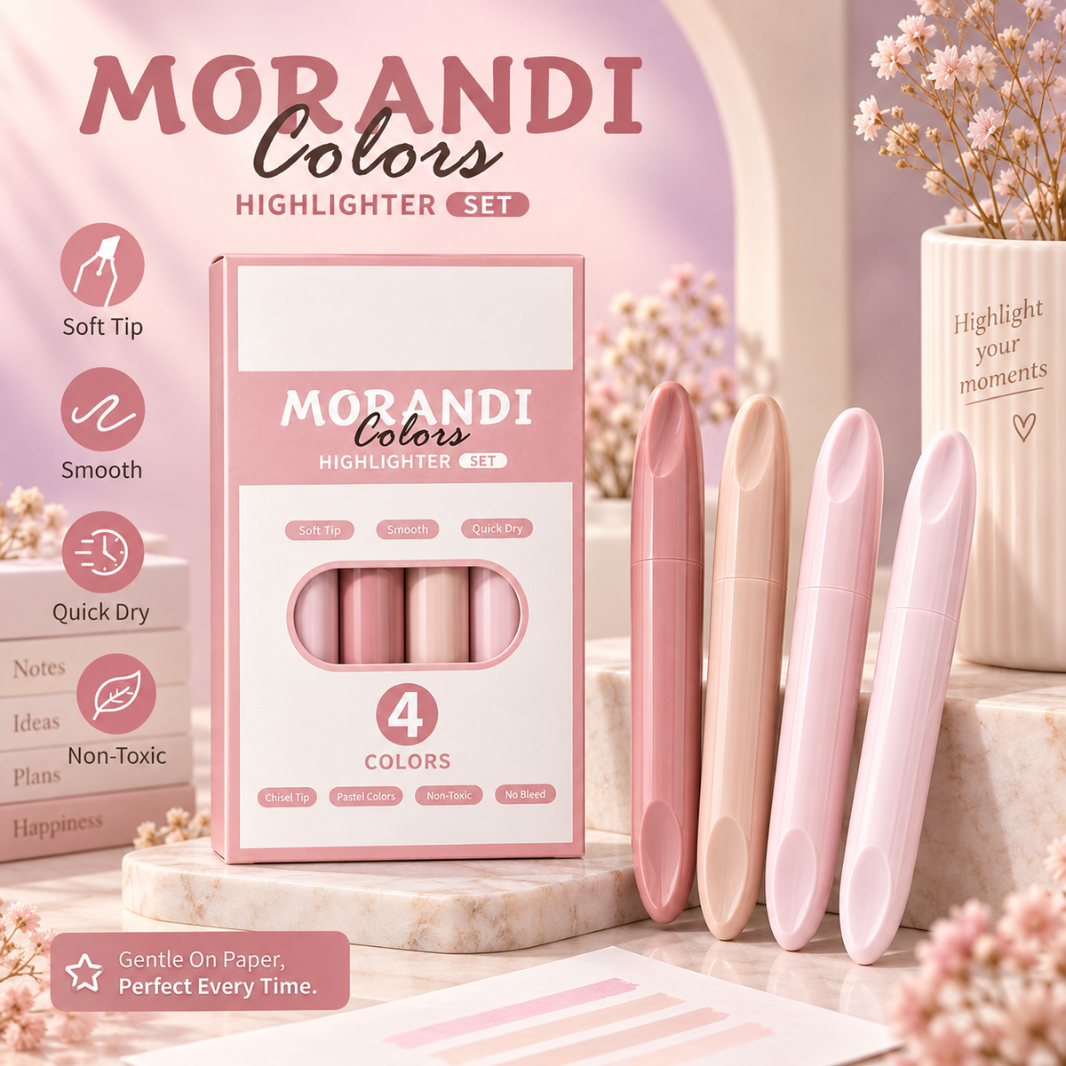 4 Pcs Morandi Pastel Highlighter Set | Soft Chisel Tip Quick-Dry No-Bleed Mildliner Markers for Journaling, Notes, School, Office & Planner