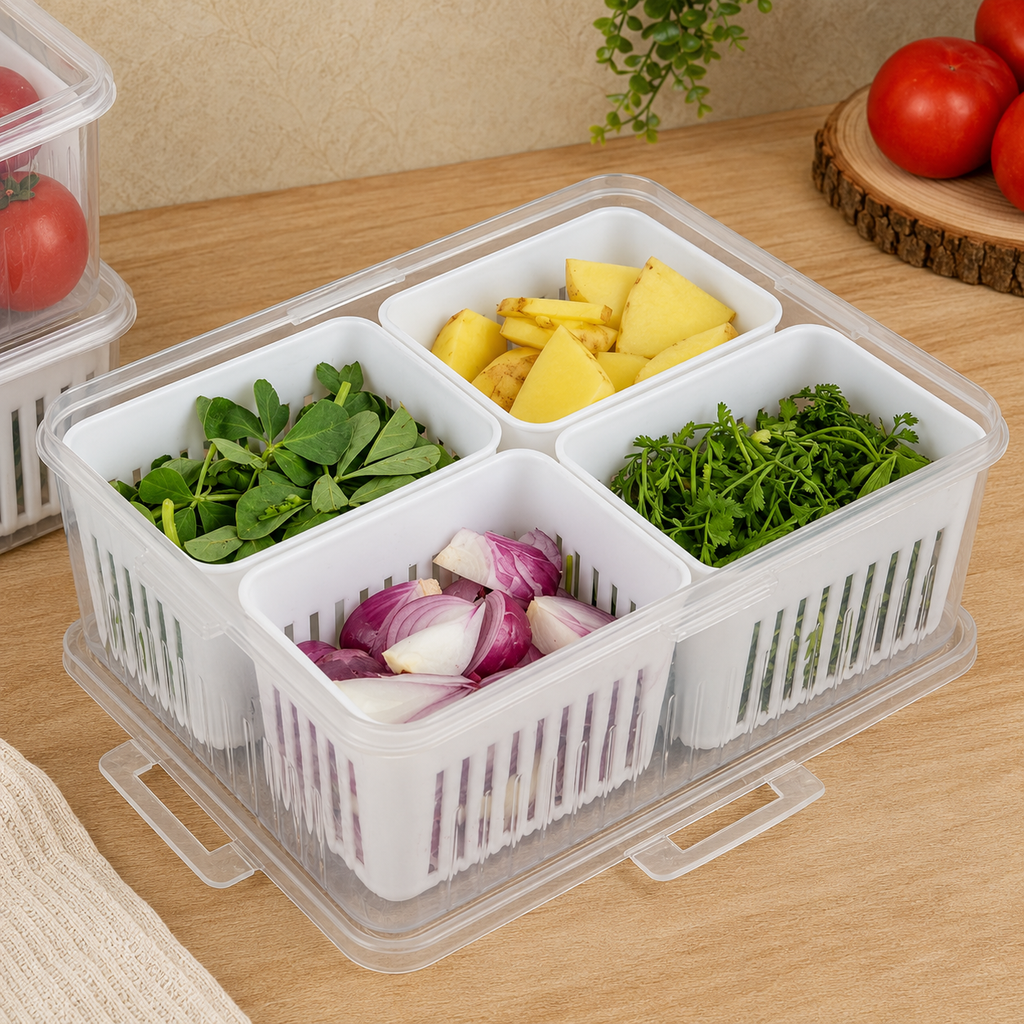 Fridge Storage Box with Lid & 4 Compartments | Refrigerator Organizer Basket for Fruits, Vegetables, Onion, Garlic & Herbs
