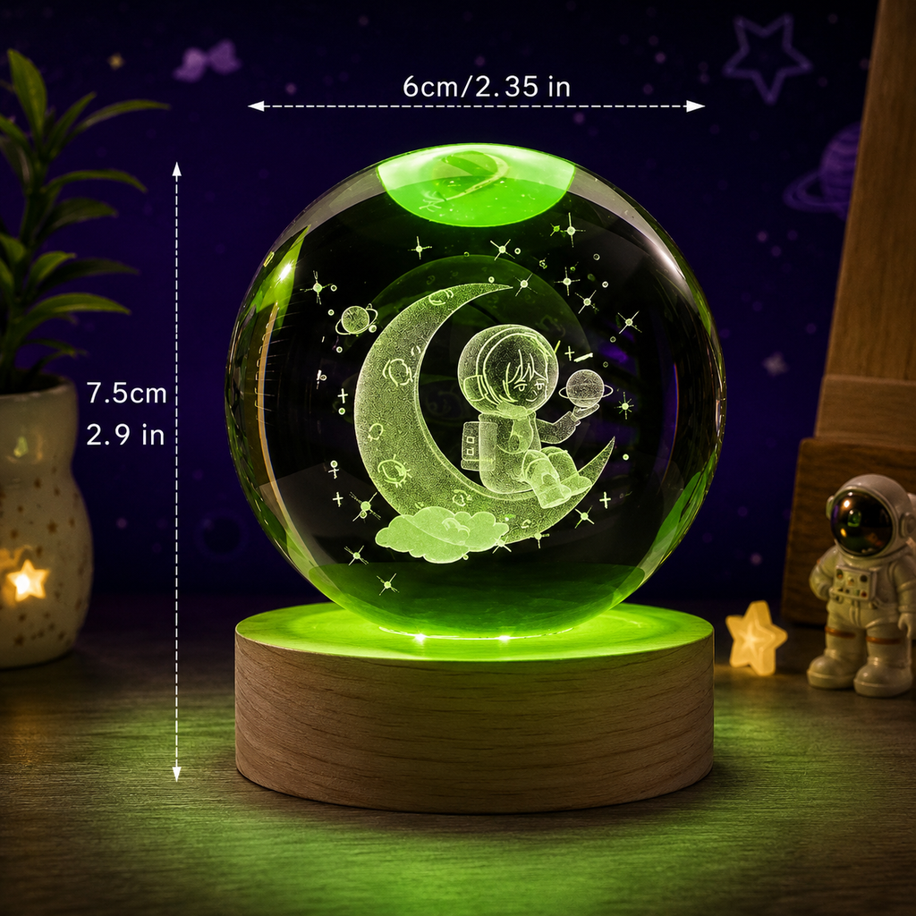 3D Galaxy Crystal Ball Night Lamp with Solar System, USB Colorful LED Light & Wooden Base | Astro with Moon Design