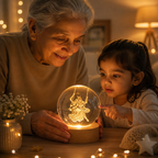 3D Radha Krishna Swing Crystal Ball LED Night Lamp with Wooden Base | Spiritual Engraved Decorative Light for Home Mandir