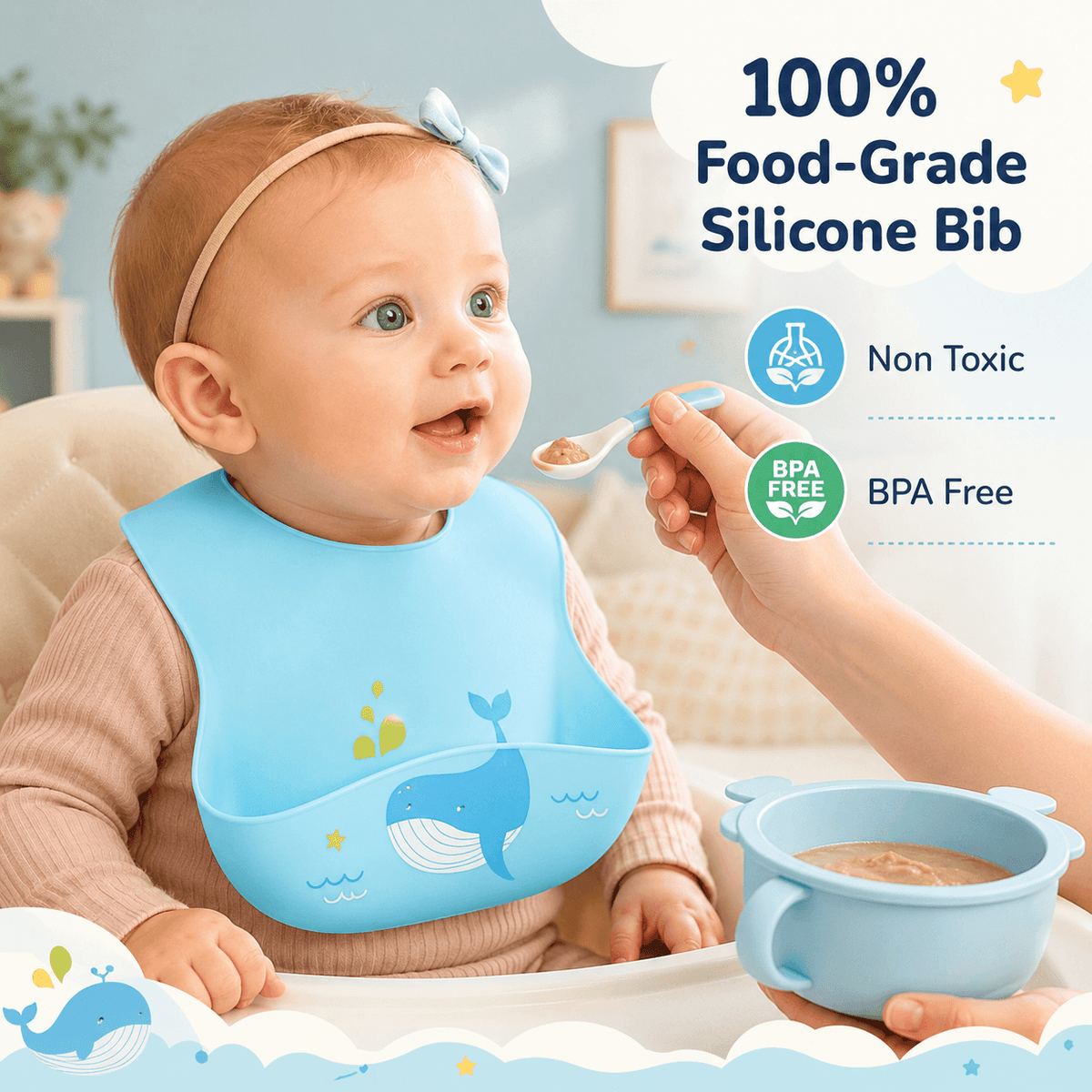 Silicone Bib for Baby Food Feeding | BPA Free Adjustable Waterproof Bib with Built-in Food Pocket for Babies 6 to 36 Months