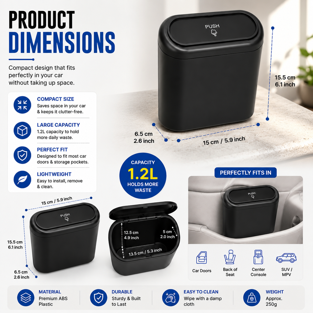 Mini Car Dustbin with Push Lid | Hanging Black Car Trash Bin for Cars, Home & Office