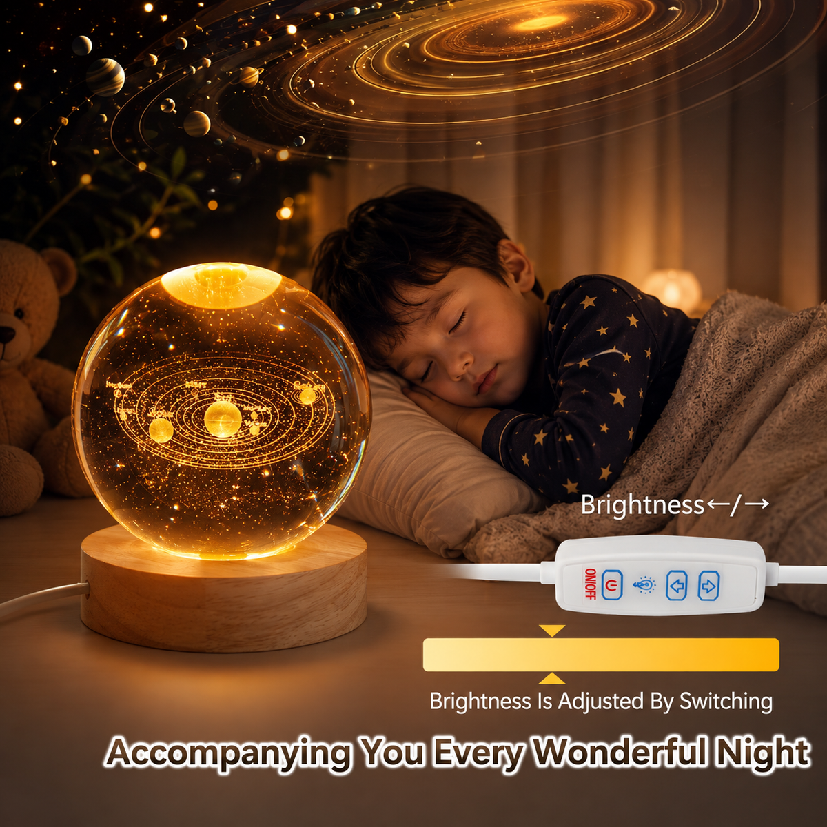 3D Universe Crystal Ball Night Light USB Table LED Lamp with Wooden Base | Warm White Decorative Light for Home, Office & Kids