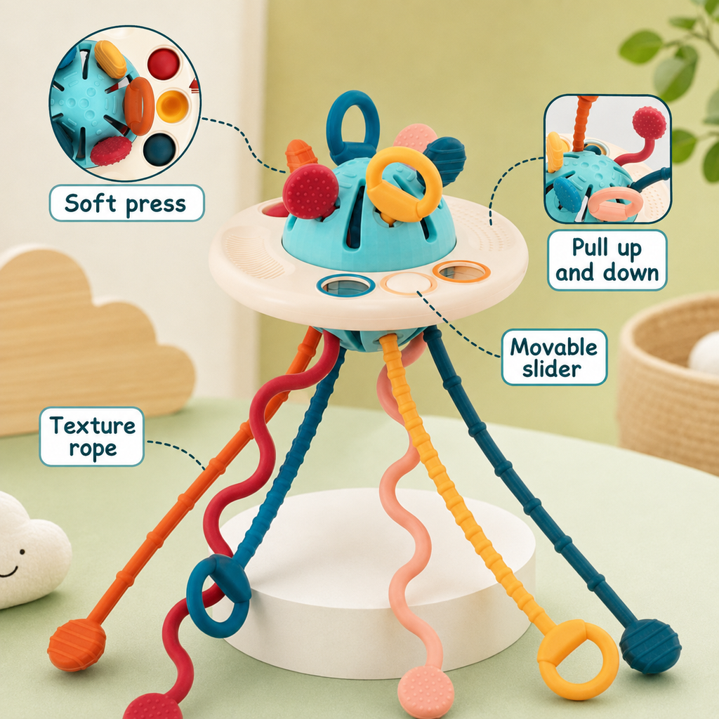 Interactive UFO Silicone Pull String Learning Toy for Kids | Baby Sensory Travel & Teething Toy for 6–18 Months