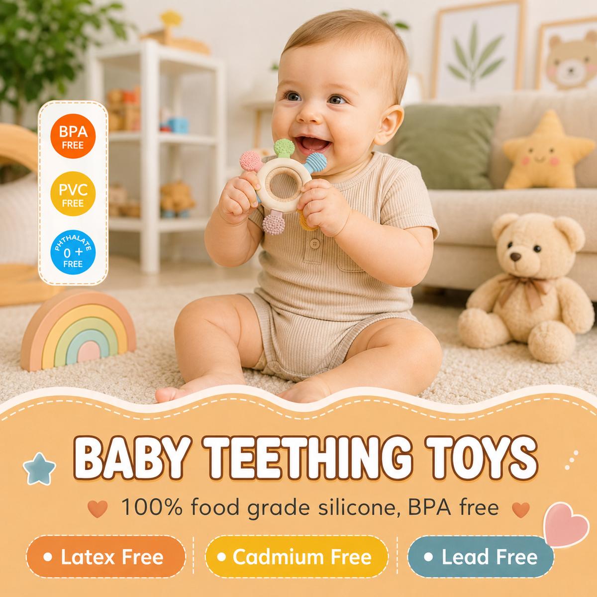 Silicone & Wooden Baby Teether Ring for Infants, Soft Textured Teething Toy