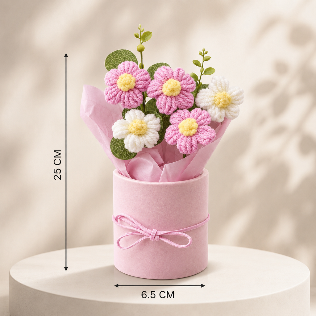Handmade Pink Crochet Flower Bouquet – Pack of 1 | Handwoven Knitted Artificial Flowers for Home, Office, Bedroom, Wedding & Gifting