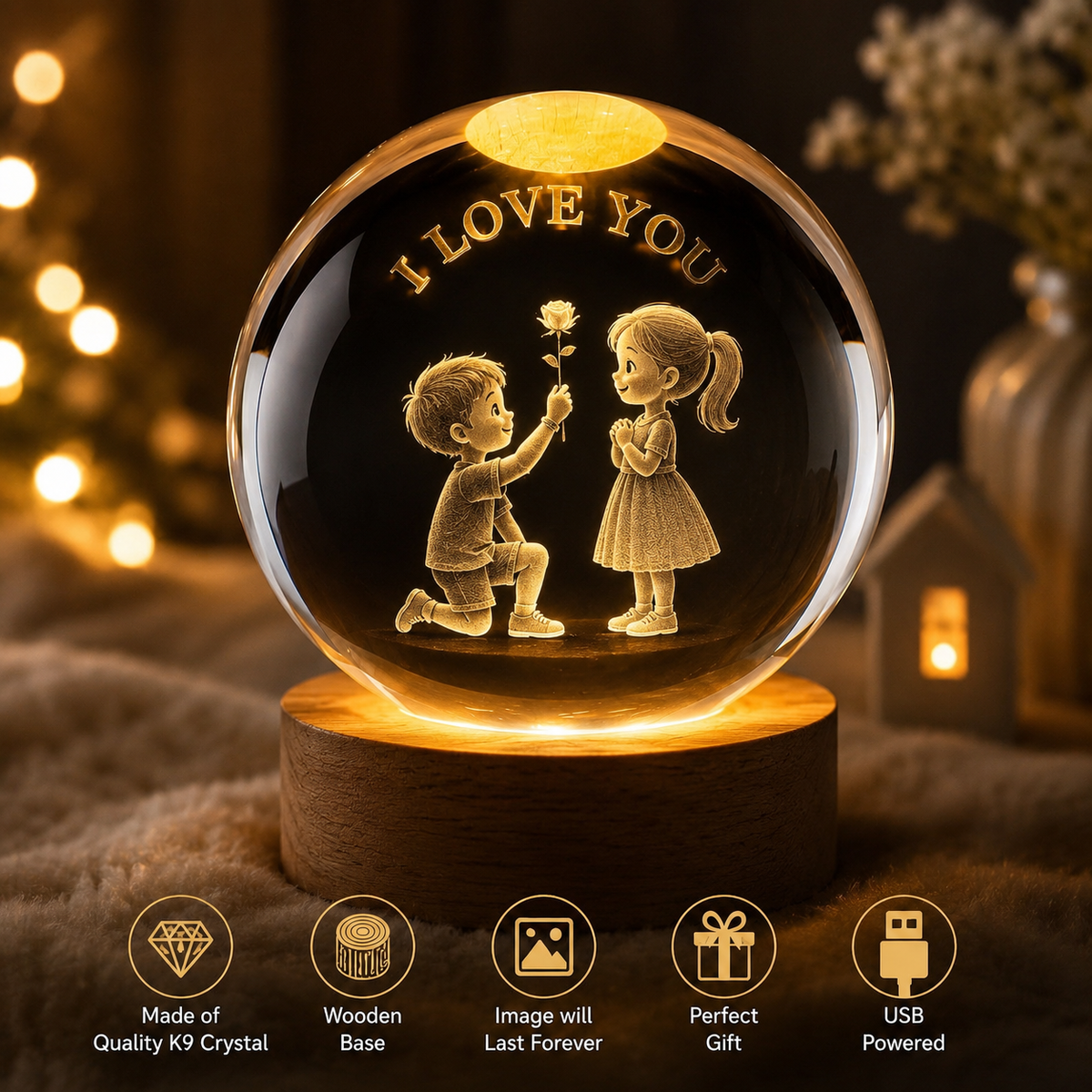 3D I Love You crystal ball night lamp with romantic couple design, colorful LED light and 2.4 inch wooden base. Ideal for home decoration and gifting.