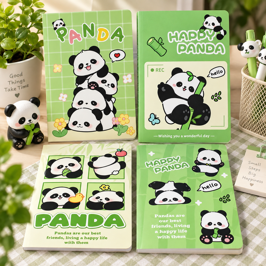 A5 Panda Theme Notebook Set of 4 | 60 Pages Ruled Notebook with 22 Lines per Page | Cute Panda Writing Notebook for School, Journaling, Notes & Diary