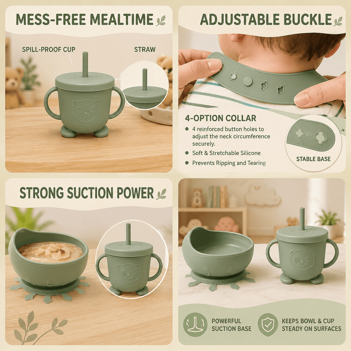 Silicone Baby Feeding Set Green – 6 Pcs | Plate, Bowl, Spoon, Fork, Bib & Cup | Food-Grade Silicone Tableware for Babies & Toddlers