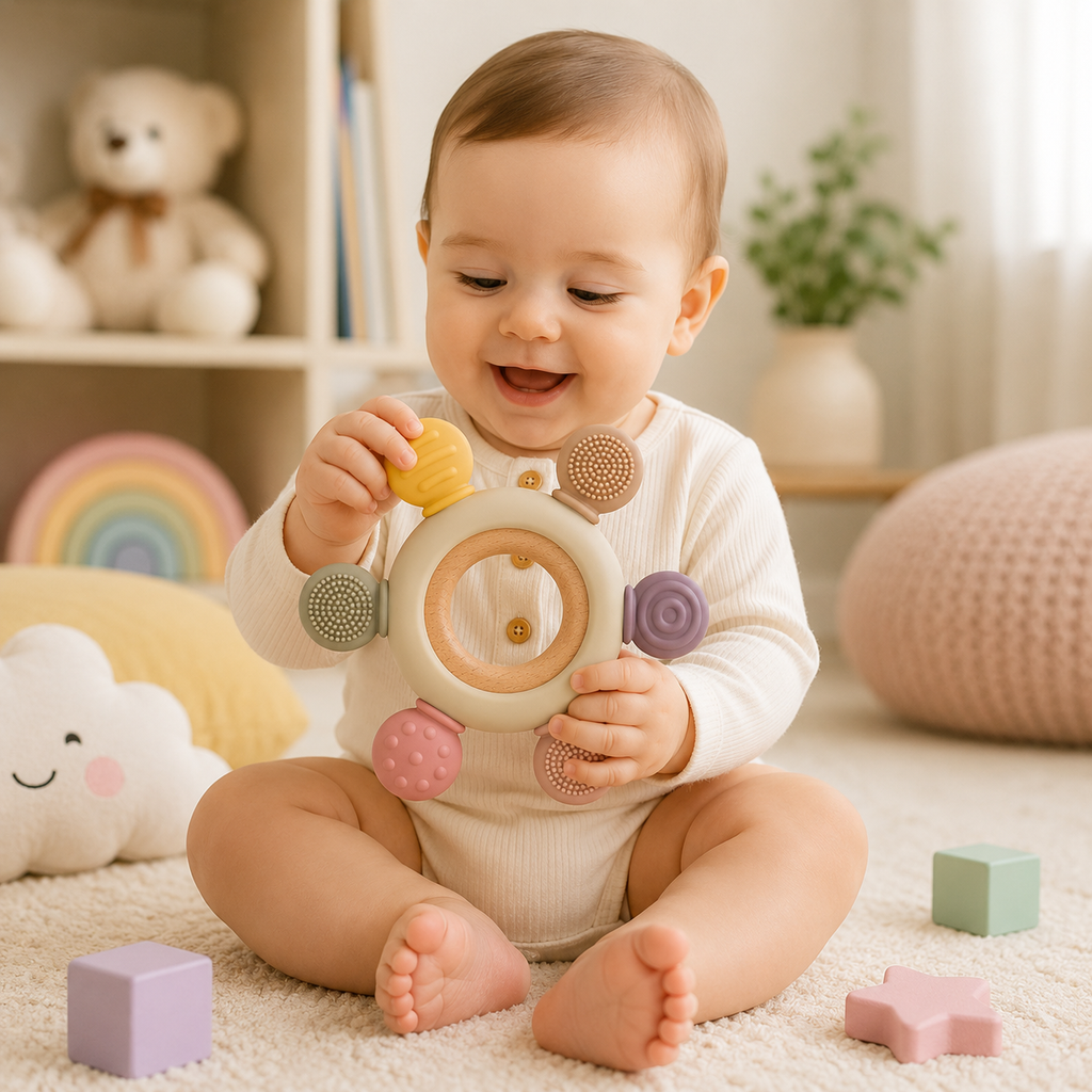 Silicone & Wooden Baby Teether Ring for Infants, Soft Textured Teething Toy