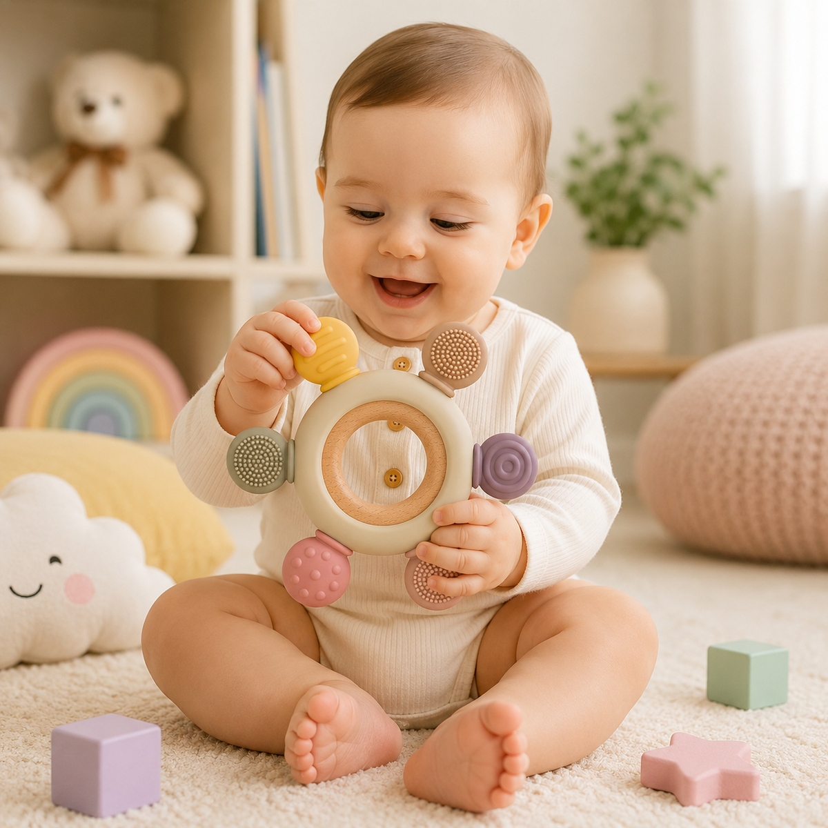 Silicone & Wooden Baby Teether Ring for Infants, Soft Textured Teething Toy