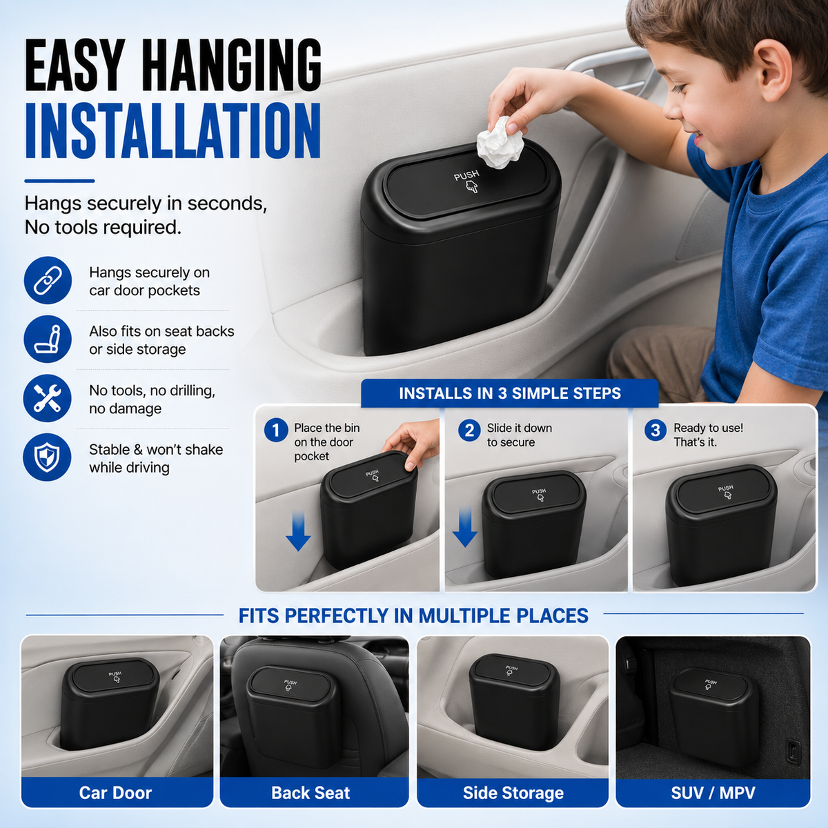 Mini Car Dustbin with Push Lid | Hanging Black Car Trash Bin for Cars, Home & Office