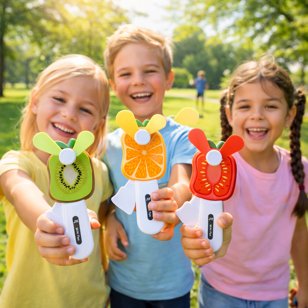 2 Handheld Fruit Fan for Kids | Portable USB Rechargeable Cooling Fan | Cute Kiwi Orange Strawberry Design | Summer Pocket Fan (Pack of 3)