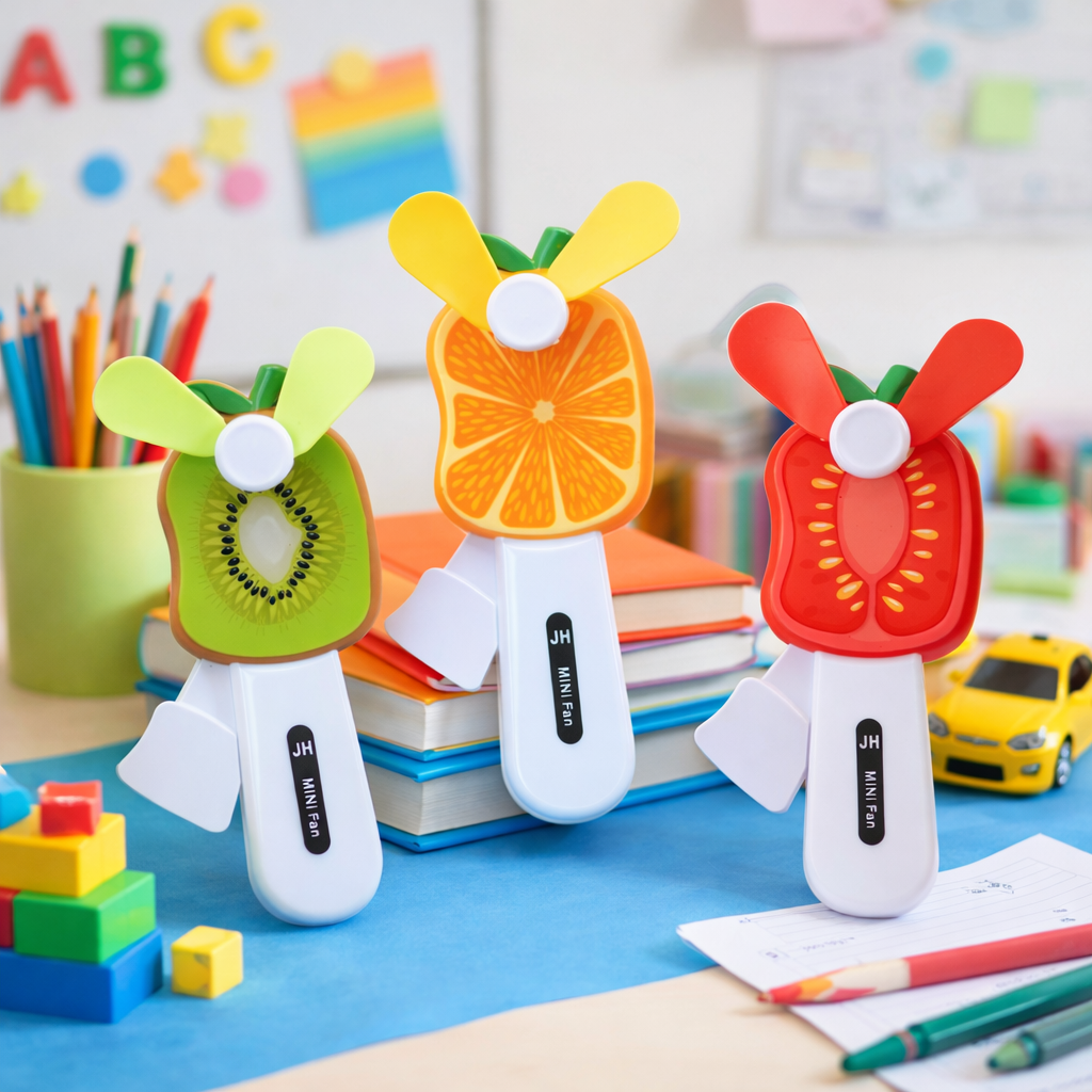 2 Handheld Fruit Fan for Kids | Portable USB Rechargeable Cooling Fan | Cute Kiwi Orange Strawberry Design | Summer Pocket Fan (Pack of 3)