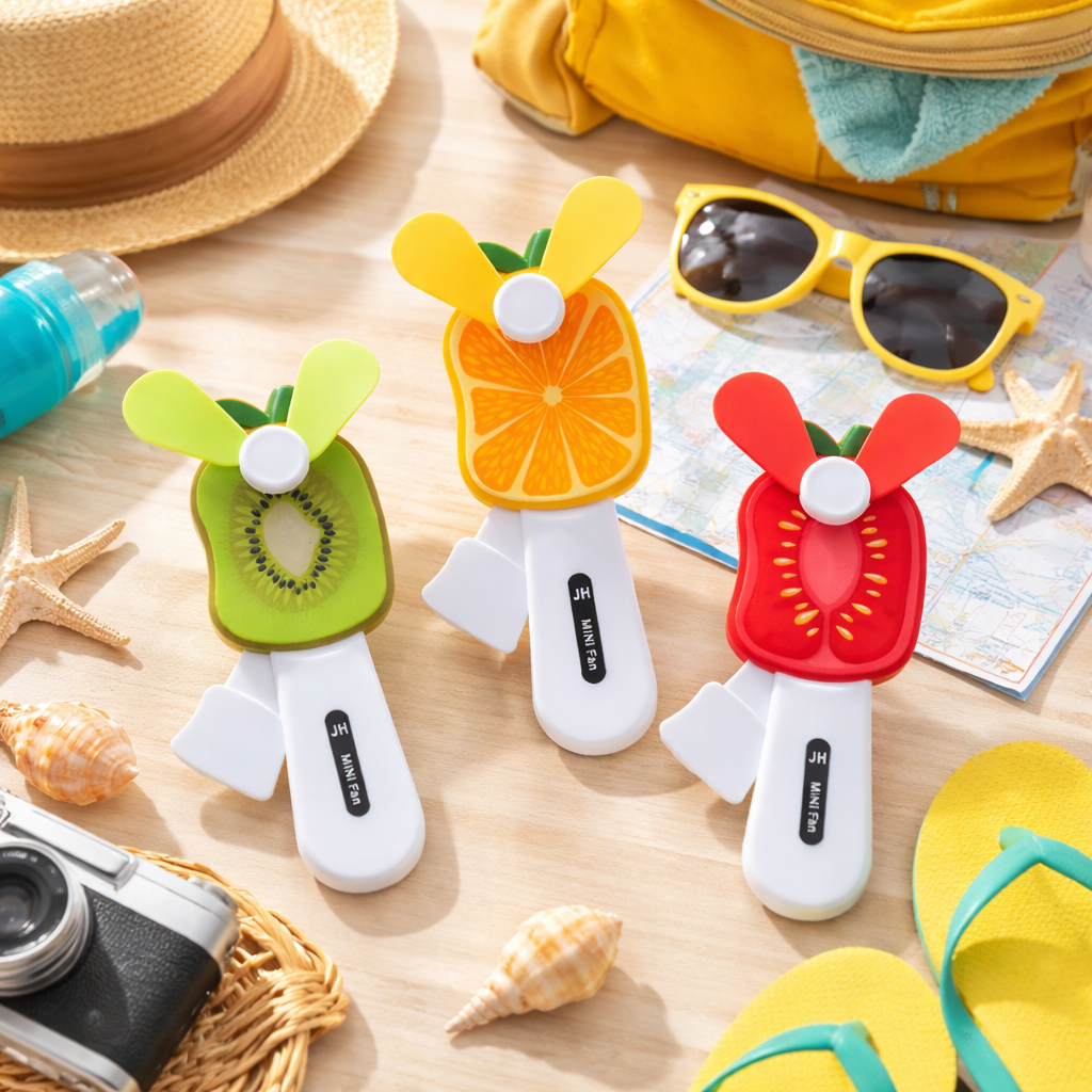 2 Handheld Fruit Fan for Kids | Portable USB Rechargeable Cooling Fan | Cute Kiwi Orange Strawberry Design | Summer Pocket Fan (Pack of 3)