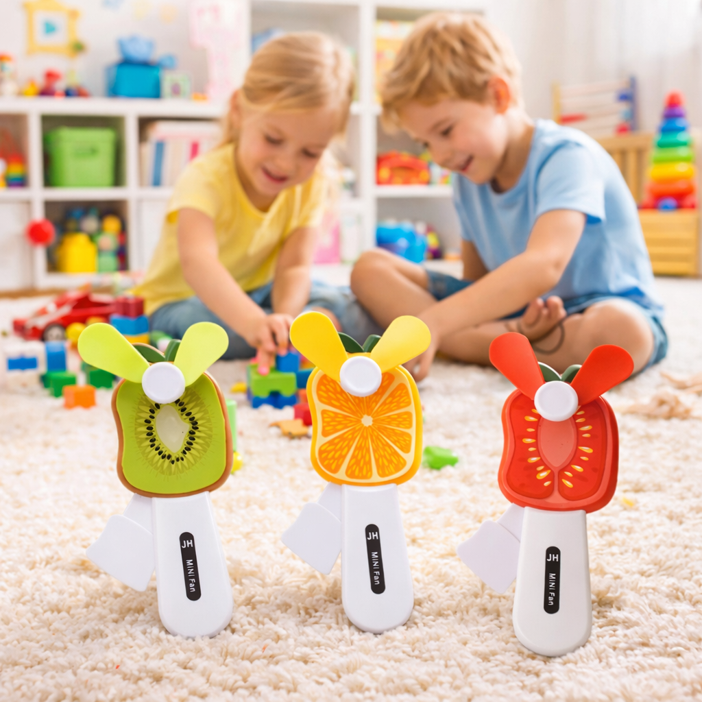 2 Handheld Fruit Fan for Kids | Portable USB Rechargeable Cooling Fan | Cute Kiwi Orange Strawberry Design | Summer Pocket Fan (Pack of 3)