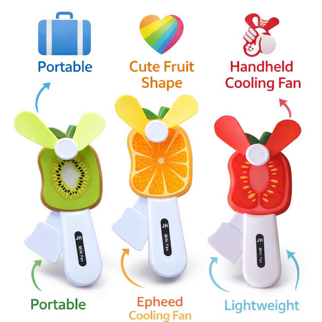 2 Handheld Fruit Fan for Kids | Portable USB Rechargeable Cooling Fan | Cute Kiwi Orange Strawberry Design | Summer Pocket Fan (Pack of 3)