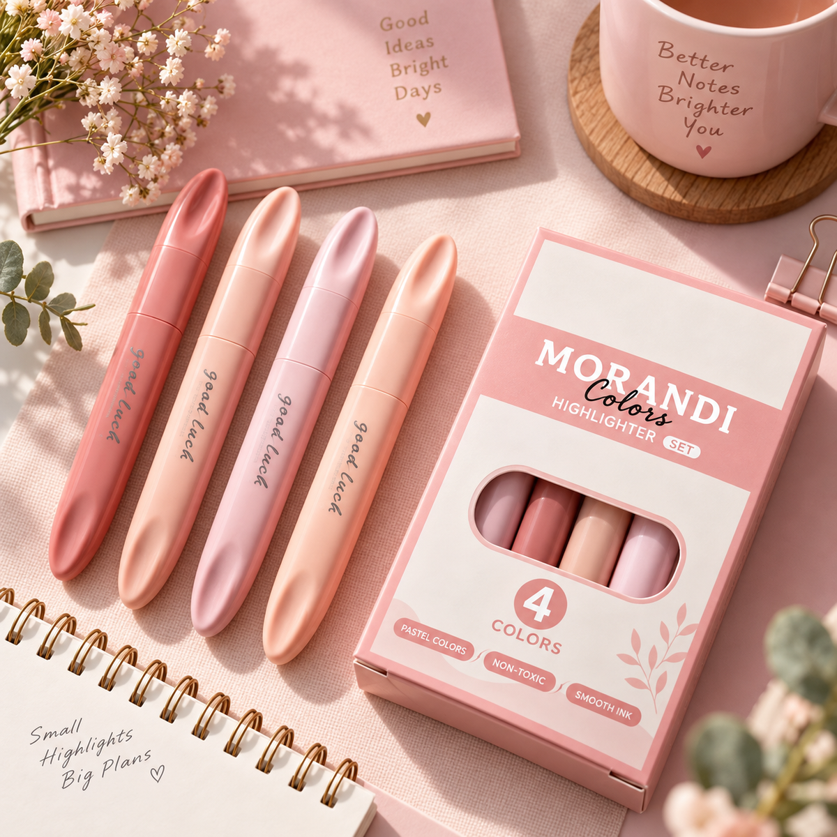 4 Pcs Morandi Pastel Highlighter Set | Soft Chisel Tip Quick-Dry No-Bleed Mildliner Markers for Journaling, Notes, School, Office & Planner