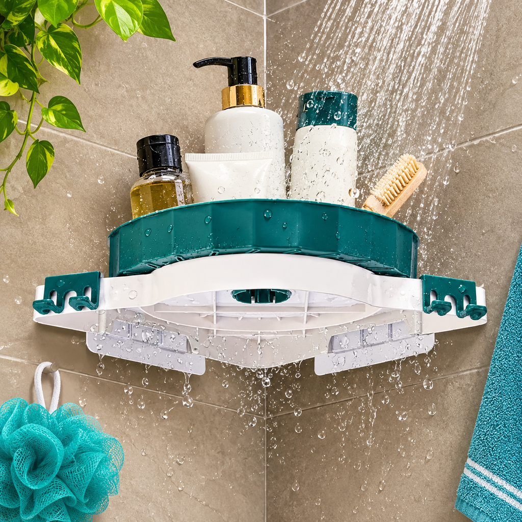 360 Degree Rotating Bathroom & Kitchen Corner Shelf | Plastic Multipurpose Wall Mount Storage Rack