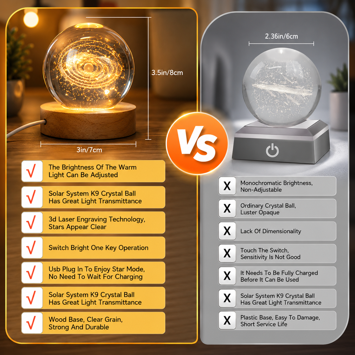 3D Galaxy Deer Crystal Ball Night Light with Engraved LED Glass Ball & Wooden Base | USB Decorative Table Lamp